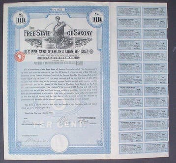Duitsland. Germany 6% Free State of Saxony Loan of 100 £ to