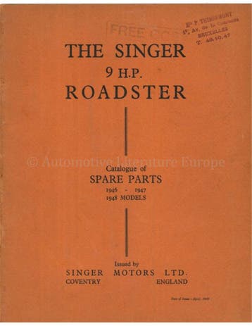 1946 - 1948 SINGER 9 H.P. ROADSTER ONDERDELENHANDBOEK