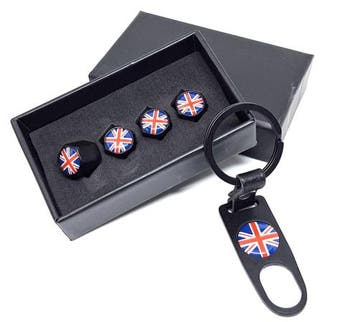 Union Jack ventieldopjes + sleutelhanger voor Mini Cooper