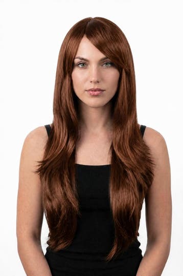KIMU® Luxe Lange Bruine Pruik Lang Bruin Schuine Pony Roodbr, Ophalen of Verzenden, Nieuw, Carnaval