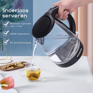 Waterkoker glas - met LED - 1.7L - 2200W - Zwart •, Verzenden, Zo goed als nieuw