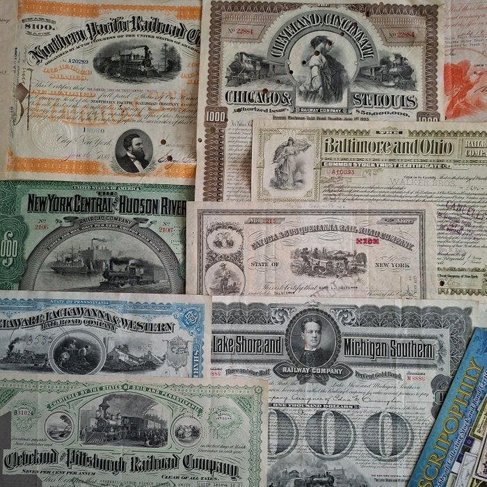 Document - 32 Historic American Railroad shares and bonds -, Antiek en Kunst, Antiek | Speelgoed