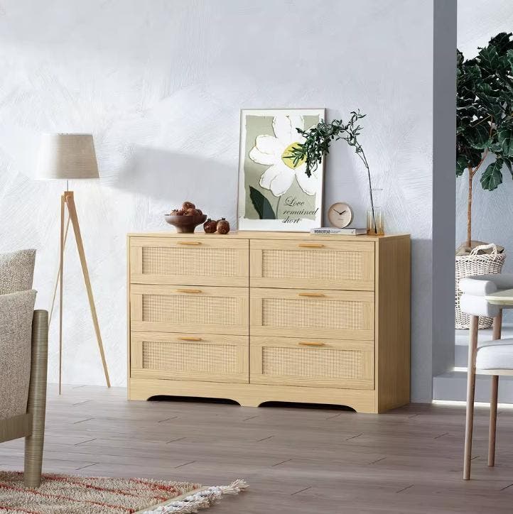 Ladekast Hout met 6 Rattan Lades en Gouden Handgrepen 120 cm, Huis en Inrichting, Kasten | Dressoirs, Nieuw, Verzenden
