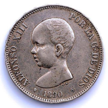 Spanje. Alfonso XIII. 5 Pesetas 1890 MPM (Zonder