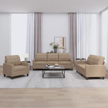 vidaXL 3-delige Loungeset met kussens kunstleer cappuccino, Verzenden, Nieuw, Leer, Minder dan 150 cm