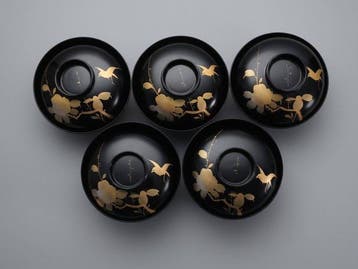 Set of 5 Japanese Black Lacquer Lidded Soup Bowls (Wan) -
