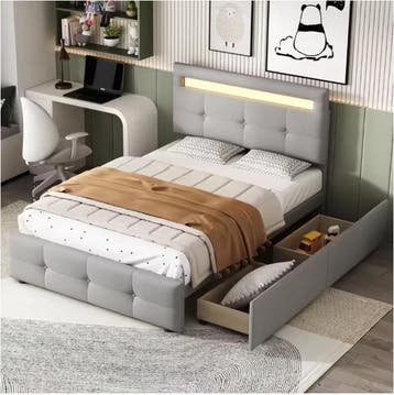 Gestoffeerd Eenpersoonsbed 90x200 met LED en 2 Opbergladen, Huis en Inrichting, Slaapkamer | Bedden, Verzenden, Nieuw