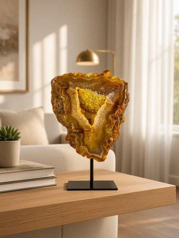 Very rare natural agate with crystal portal geode on stand