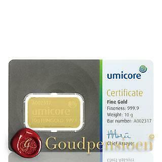 10 Gram Umicore Goudbaar Met Certificaat 999,9 Puur Goud, Postzegels en Munten, Edelmetalen en Baren, Ophalen of Verzenden, Goud