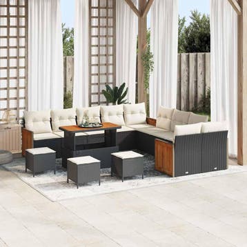 vidaXL Tuinbankenset met kussen 18 pcs Zwart en Crème poly, Verzenden, Nieuw, Rotan, 8 zitplaatsen