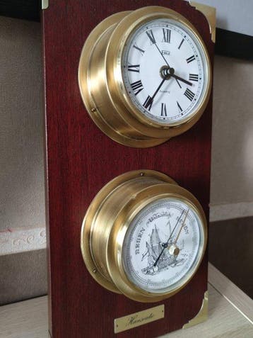 Barometer - Hout en messing - barometer - klok