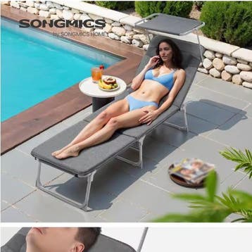 Opvouwbare Tuinstoel Hoofdsteun Zonnescherm - Grijs / Zwart, Tuin en Terras, Tuinstoelen, Verzenden, Nieuw