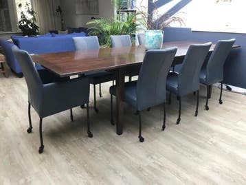 Set van 7 leren eetkamerstoelen - met wieltjes - blauw leer, Ophalen of Verzenden, Nieuw, Leer