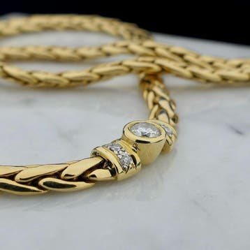 Gouden vossenstaart schakelcollier met diamanten; 0,52 ct., Gebruikt, Ophalen of Verzenden, Met edelsteen, Goud