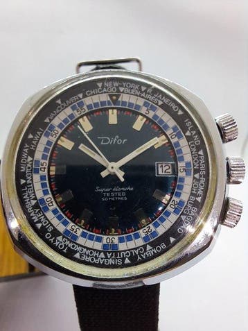 Difor - Super Étanche World Time – 50 Metres – Vintage -, Sieraden, Tassen en Uiterlijk, Nieuw