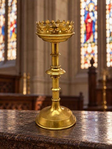 Kerkelijke messing kandelaar met kroonrand – Neogotische, Antiek en Kunst