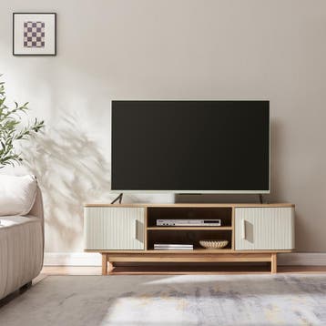Tv meubel Ferrersp 140x40x45 cm eikenkleurig havermout en na, Verzenden, Nieuw