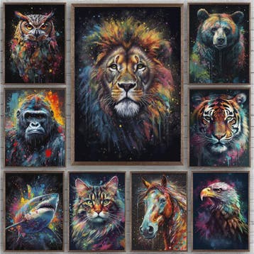 Abstracte Dieren Canvas Poster: Leeuw, Tijger, Aap, Uil - Mu