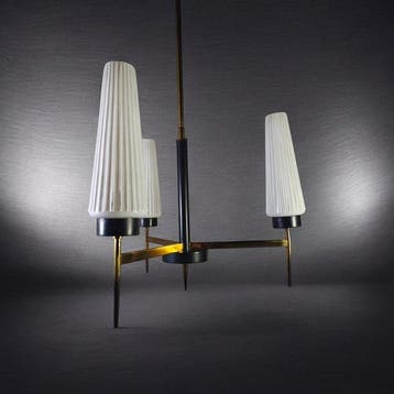 Plafondlamp - Bronze, Glas - Mid-Century Modern Brass &