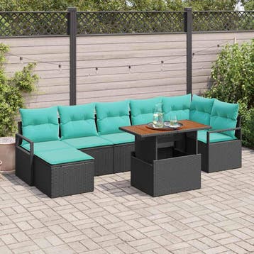 vidaXL Tuin Eetset met kussen 8 pcs Zwart en Blauwgroen, Verzenden, Nieuw, Rotan, 8 zitplaatsen