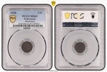 Koningin Wilhelmina 1/2 cent 1928 MS63 Blackened PCGS, Verzenden, Koningin Wilhelmina, Losse munt