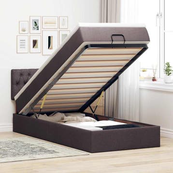 vidaXL Ottoman bed met matras en LEDs 90x190cm stof, 90 cm, Eenpersoons, Bruin, Verzenden