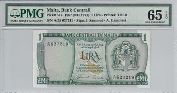 1967 Malta 1 Lira (nd1973) Pick 31a Pmg Gem Unc 65 Epq, Verzenden