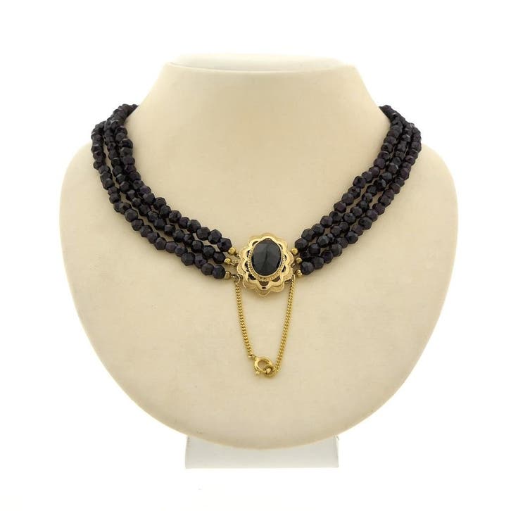 Antieke granaat kralencollier met gouden sierslot (Ketting), Sieraden, Tassen en Uiterlijk, Kettingen, Goud, Gebruikt, Met edelsteen