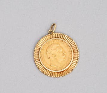 Gouden 20 mark in 14k geelgouden hanger. Duitsland 1897., Gebruikt