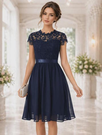 Elegante Zomer Midi Jurk met Korte Mouwen, Kant en A-lijn -, Verzenden, Nieuw