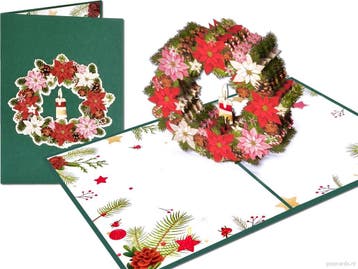Kerstkrans kerststerren & kaars Kerstkaart Pop-up kaart, Verzenden, Nieuw