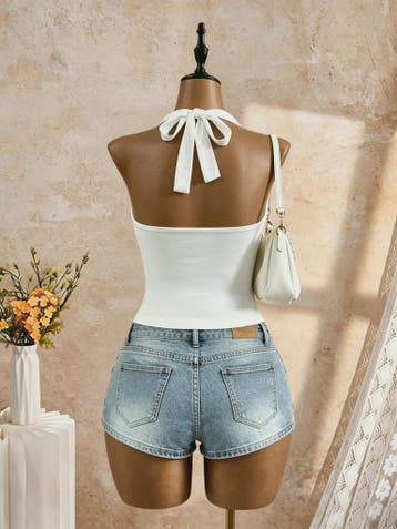 2-Pack Dames Crop Top met Halternek, Diepe V-hals en Ruches, Verzenden