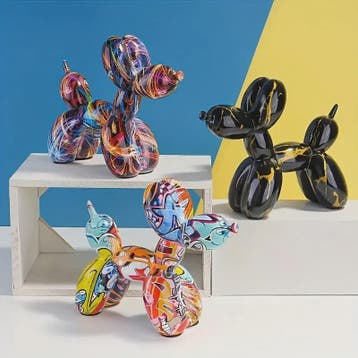 Kleurrijke Ballonhond Sculptuur - Graffiti Stijl Hondenbeeld