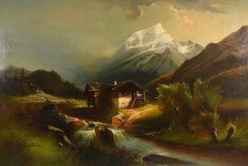 Anton Hansch (1813–1876) - Große alpine Gebirgslandschaft, Antiek en Kunst, Kunst | Schilderijen | Klassiek