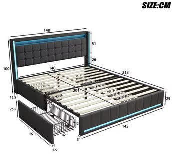 Gestoffeerd bed 140x200 cm met LED, 4 lades en USB, Verzenden, Nieuw
