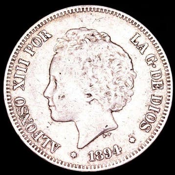 Spanje. Alfonso XIII. 5 Pesetas 1894. PG-V. (Zonder