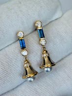 Oorbellen - 18 karaat Geel goud, Mid-Century saffier,, Nieuw