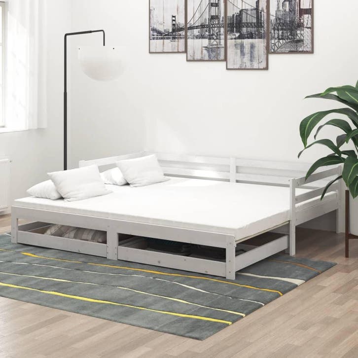 vidaXL Slaapbank uitschuifbaar massief grenenhout wit, Huis en Inrichting, Slaapkamer | Bedden, 90 cm, 200 cm, Wit, Eenpersoons