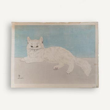 White Persian Cat - Color Woodblock Print - 1930s -