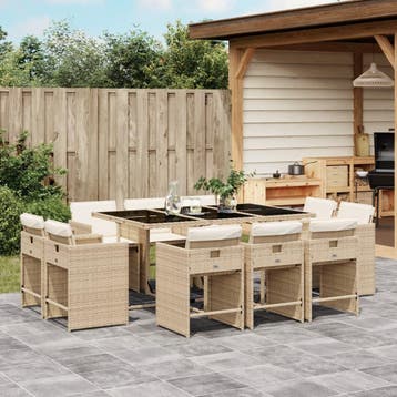 vidaXL 11-delige Tuinset met kussens poly rattan beige, Verzenden, Nieuw, Meer dan 8 zitplaatsen, Tuinset