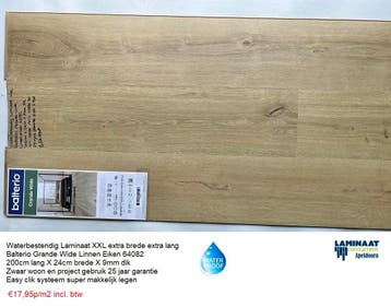 KOOPZONDAG Waterbestendig Laminaat Beige 2m Lang X 24cm, Waterbestendig XXL extra bred extra lang laminaat 9mm dik , 75 m² of meer