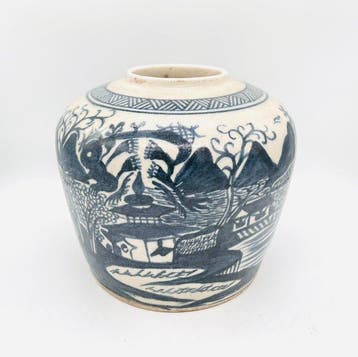 Blauw en wit Midden-Oosterse Chinoiserie Landschap Gemberpot, Antiek en Kunst