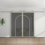 Dubbele stalen schuifdeur Kiezelgrijs2 Vlaks rond Rookglas, 75 tot 150 cm, Nieuw, 150 tot 225 cm, Metaal