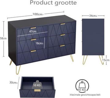 Commode - Dressoir - Ladekast - 100x34x73 cm - Marineblauw -, Verzenden, Zo goed als nieuw