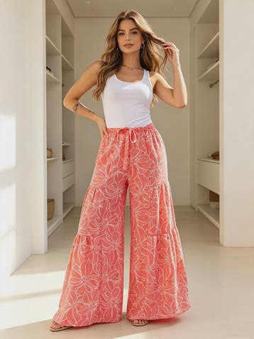 Zomerse Plus Size Wijde Pijp Broek met Bloemenprint en Elast, Kleding | Dames, Grote Maten, Verzenden, Nieuw