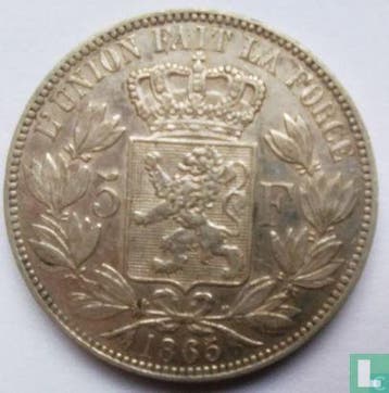 België 5 francs 1865 (Leopold I - zonder punt na F), Verzenden, Losse munt, Goud