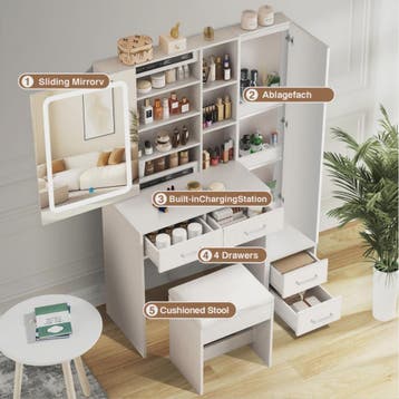Dressing Tafel met LED Spiegel, 4 Lades en 1 Deur - Wit, Ele, Verzenden, Nieuw