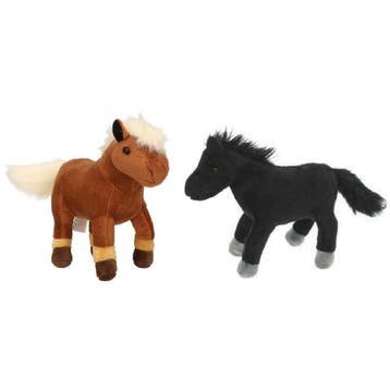 Set van 2 pluche paarden knuffels - 25 cm - bruin en zwart, Verzenden, Nieuw