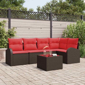 vidaXL Tuinbankenset met kussen 6 pcs Bruin en Rood poly, Verzenden, Nieuw, Rotan, 6 zitplaatsen