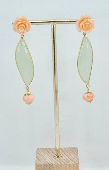 Zilver, Verguld Oorbellen - ROZE KORAAL, CALCEDOON, Sieraden, Tassen en Uiterlijk